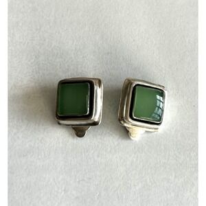 Vintage Silver Earrings Square Green Stained Glass Clip On Boho Coachella